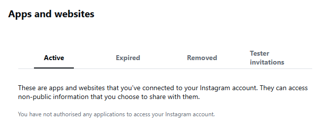 The Apps and websites page, Active tab selected, reading 'You have not authorised any applications to access your Instagram account.'