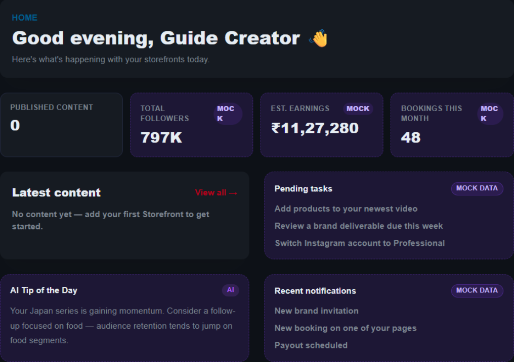 The creator portal Home page, with published-content count, latest content, pending tasks, an AI tip of the day, and recent notifications.