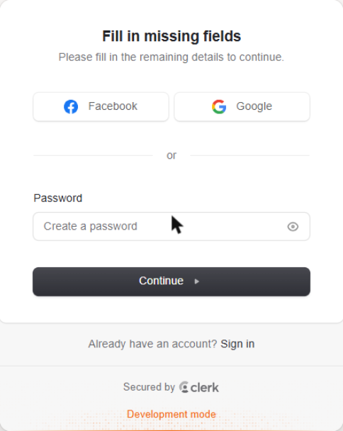 The create-your-password screen from the invite link, with a Password field and Continue button.