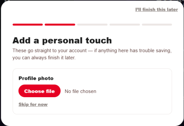 Setup Wizard step 2: a profile photo upload field, with a Choose File button and a Skip for now link.