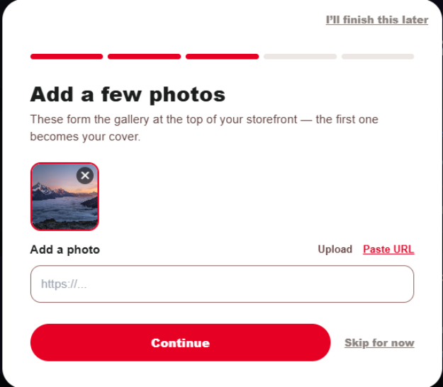 Setup Wizard step 3: a starter gallery with one photo added, an Add a photo field below it, and Continue and Skip for now buttons.