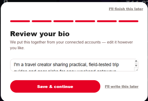 Setup Wizard step 6: a text area with an auto-drafted bio, ready to edit or rewrite.