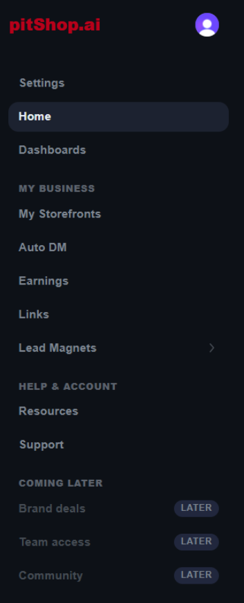 The creator portal's desktop sidebar: Settings, Home, Dashboards, My business section, and Help & account section.