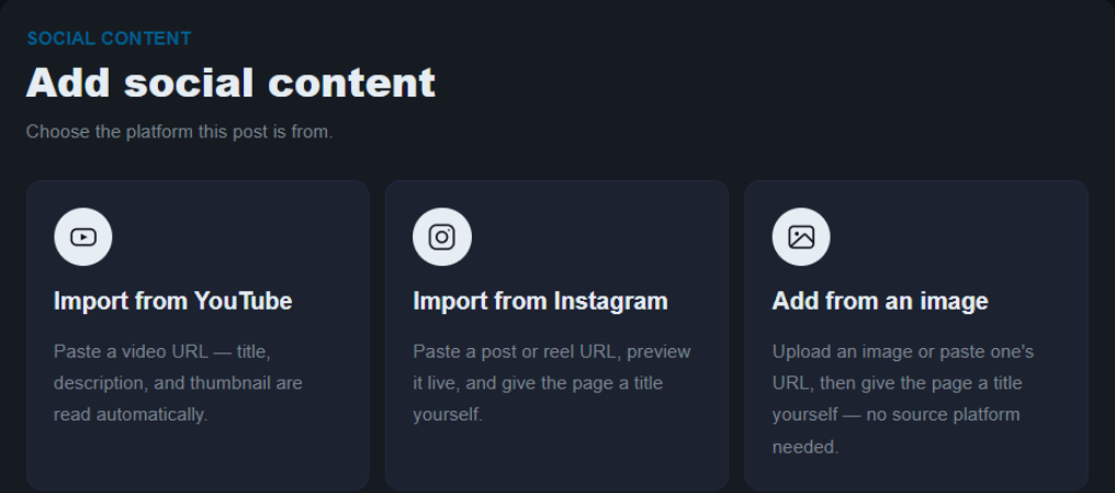Add social content screen with three options: Import from YouTube, Import from Instagram, and Add from an image.