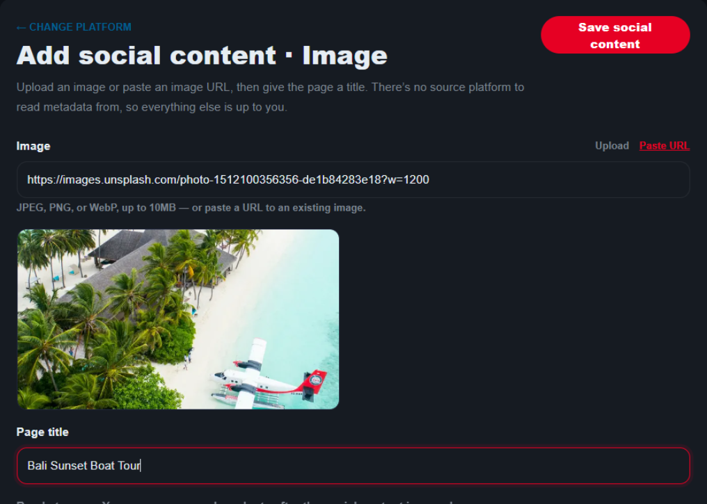 The image-import form with a photo and a page title filled in, showing 'Ready to save' and a Save social content button.