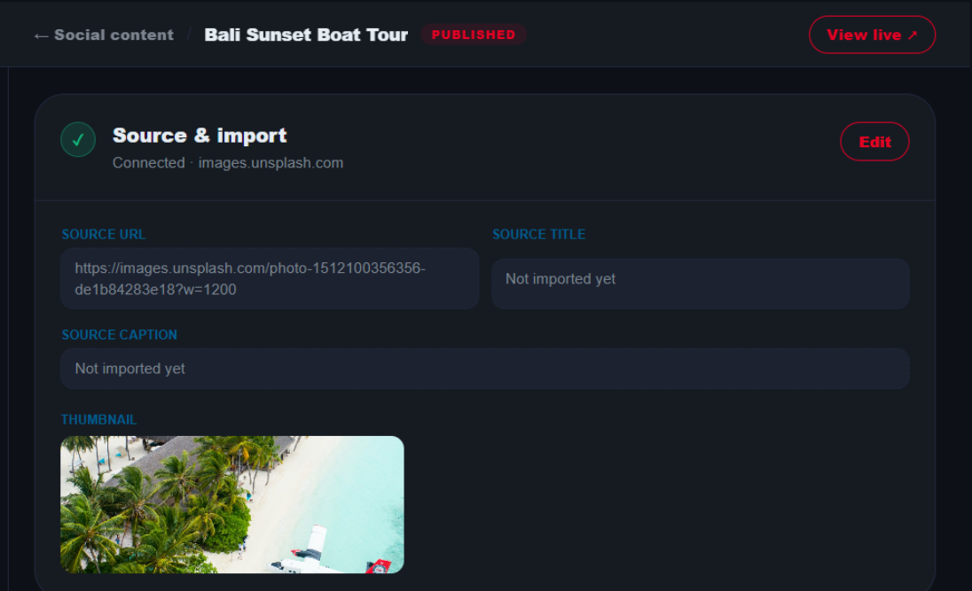The Storefront editor's Source & import section, showing the source URL, thumbnail, and status, with Media and Storefront content sections below it.