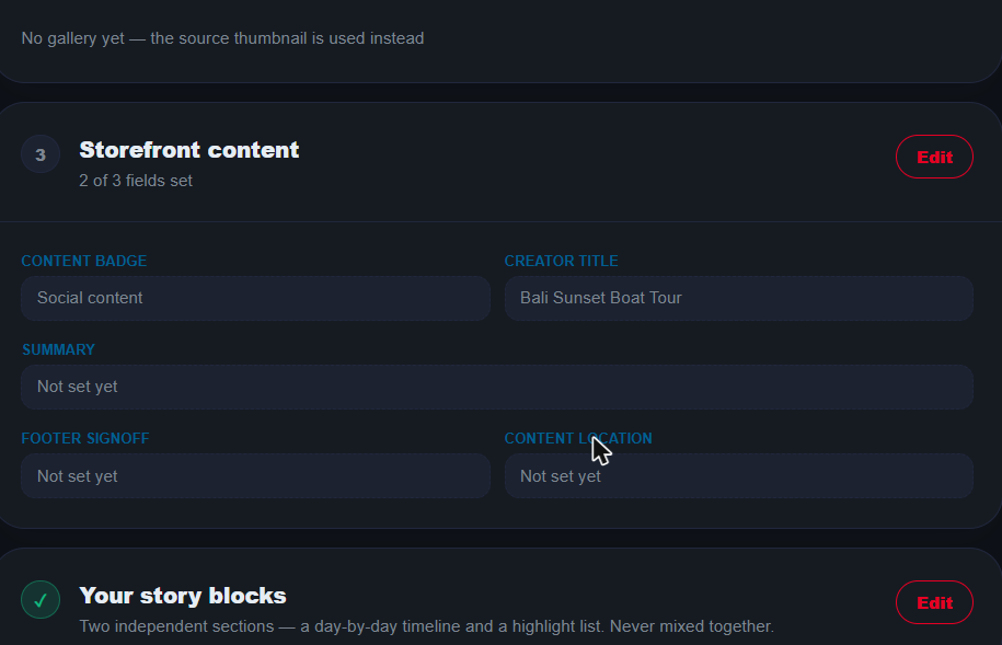 The Storefront editor's section list: Your story blocks (marked complete), Primary product, Getting Around, and Recommendations.