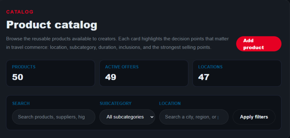 The product catalog browser, showing product count, active offers, locations, search and filter controls, and a grid of product cards.