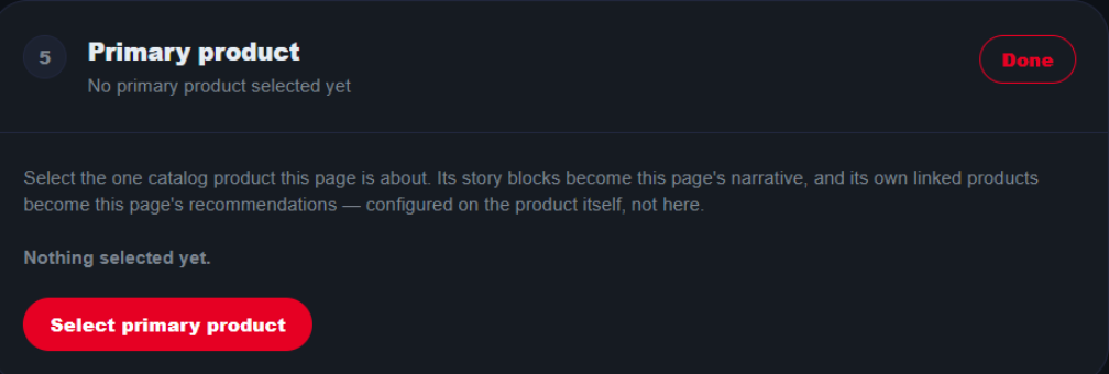 The Primary product section, explaining that its story blocks become the page's narrative, with a Select primary product button.