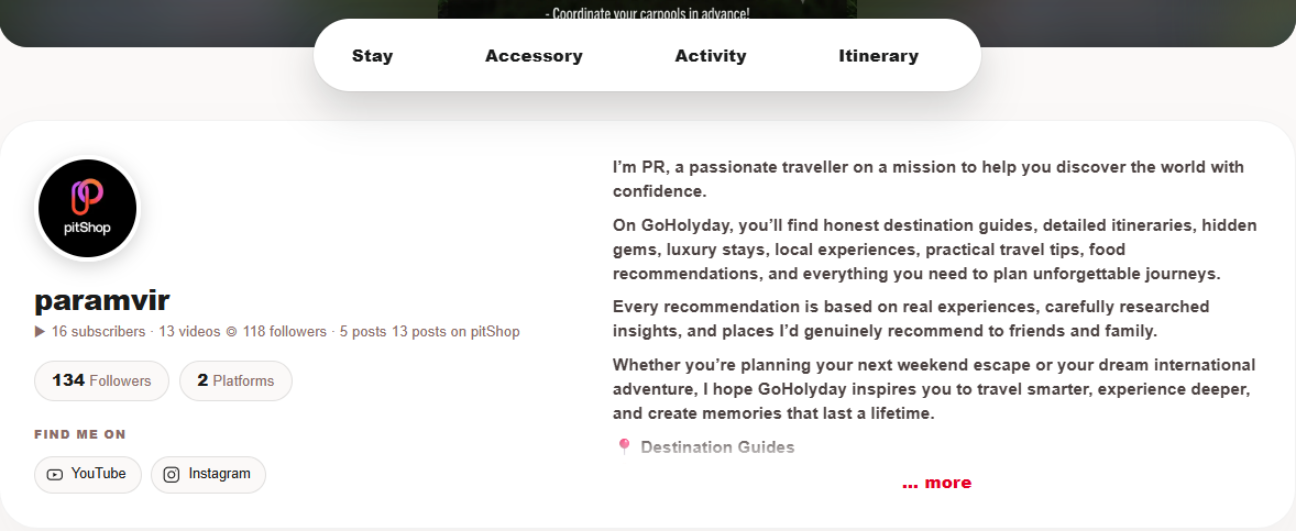 A creator's default public page, showing the journey-stage tabs, avatar, name, follower stats, bio, and connected platforms.