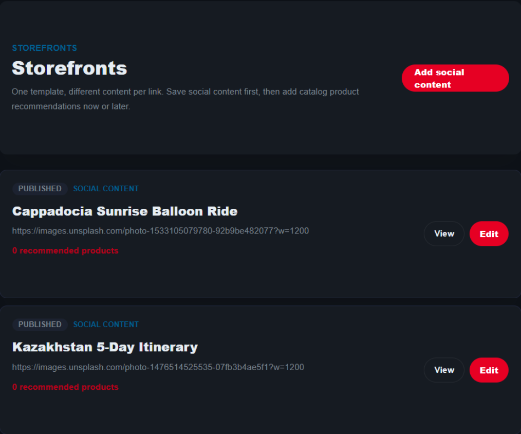 The My Storefronts list, showing two published rows, each with a status badge, source URL, recommended-product count, and View/Edit buttons.