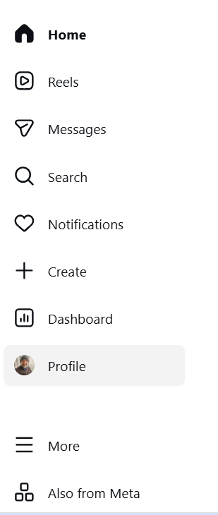 Instagram's sidebar navigation with Home, Reels, Messages, Search, Notifications, Create, Dashboard, and Profile, with Profile highlighted.