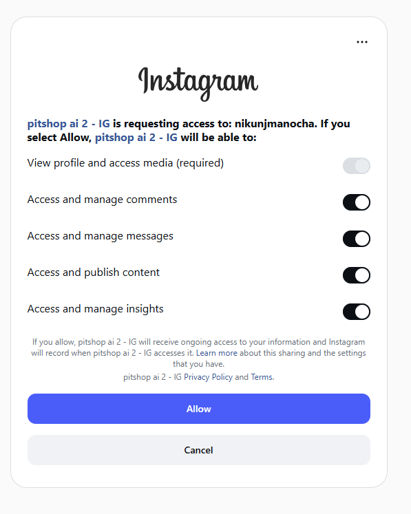 Instagram's permission screen for pitShop, listing View profile and access media (required), Access and manage comments, messages, publish content, and insights, with an Allow button.