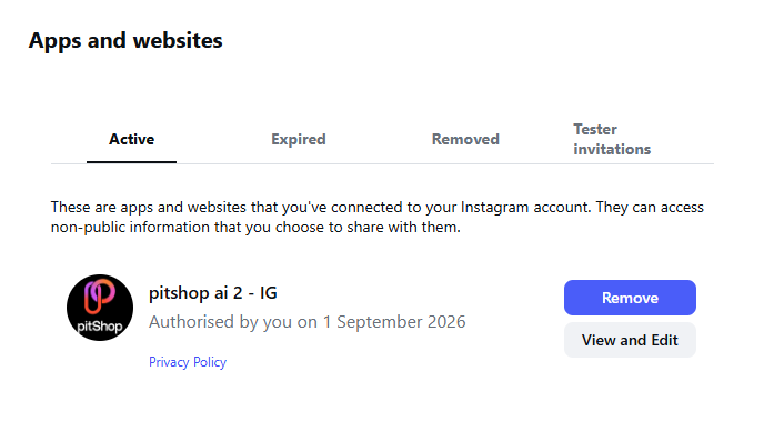 The Apps and websites page, Active tab selected, now showing a pitShop entry with Remove and View and Edit options.