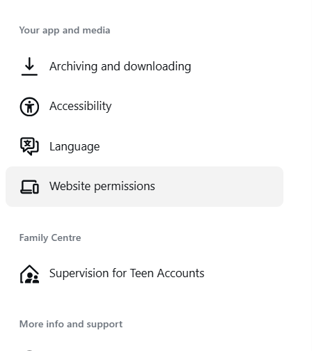 Instagram Settings, Your app and media section, listing Archiving and downloading, Accessibility, Language, and Website permissions, with Website permissions highlighted.