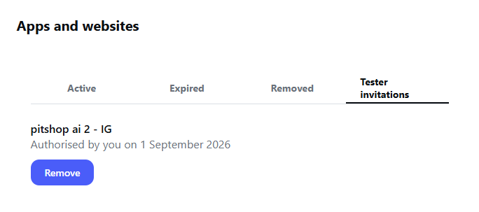 The Apps and websites page, Tester invitations tab, showing the pitShop entry as Authorised by you, with a Remove button.