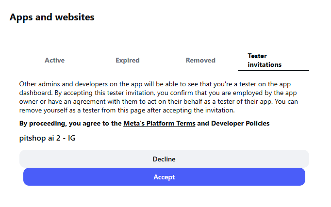 The Apps and websites page, Tester invitations tab, showing a pitShop entry with Decline and Accept buttons, not yet accepted.