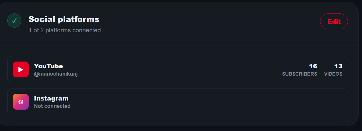 The Social platforms card in creator Settings, 1 of 2 platforms connected, YouTube connected, Instagram Not connected.