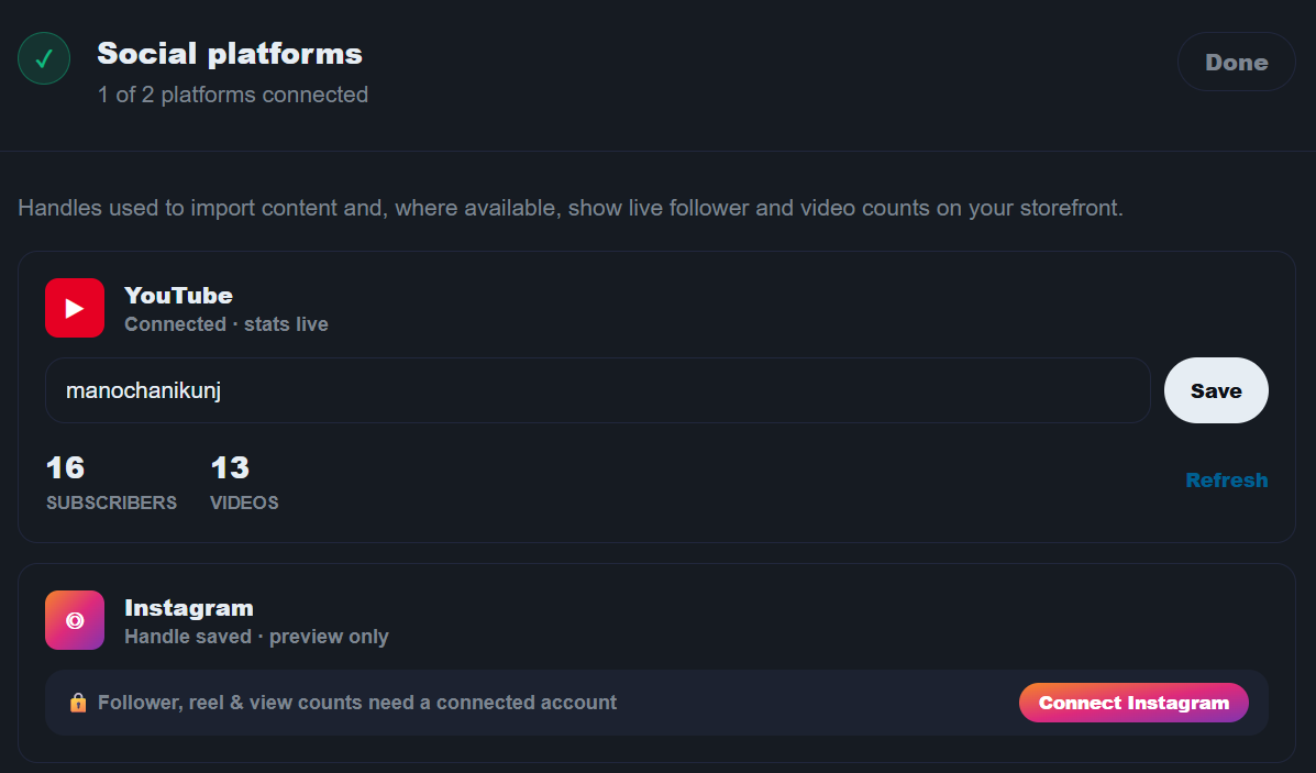 Social platforms card in edit mode, Instagram row showing 'Handle saved · preview only' and a Connect Instagram button.