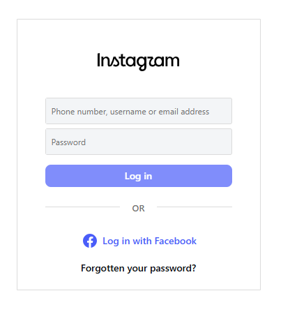 Instagram's login screen, with phone number/username/email and password fields.